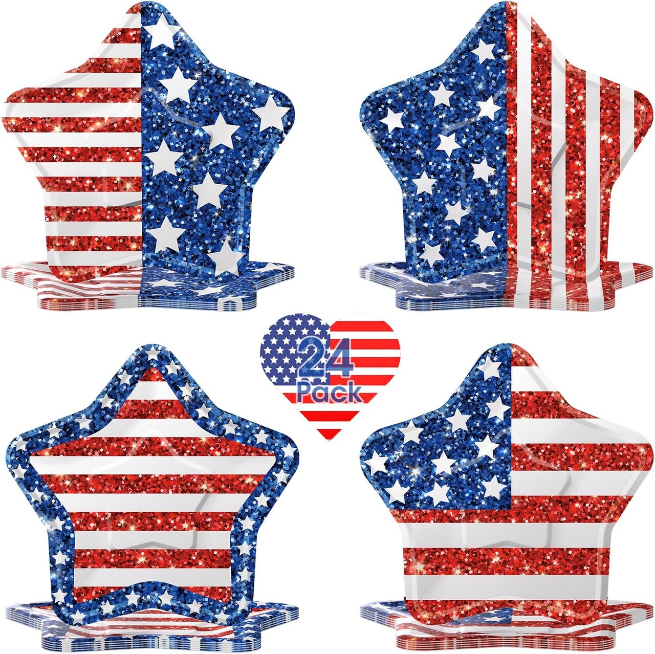 24 Pcs 4th of July Paper Plates - American Flag Patriotic Plate, Disposable Red White and Blue Star Shaped Dinner Dessert Plates Tableware for July 4th Memorial Day Independence Day Party Supplies